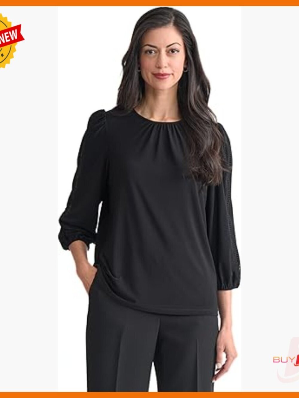 3/4 Sleeve Flowy Lace Trim Top - Petite Fit - Lightweight Polyester Blend